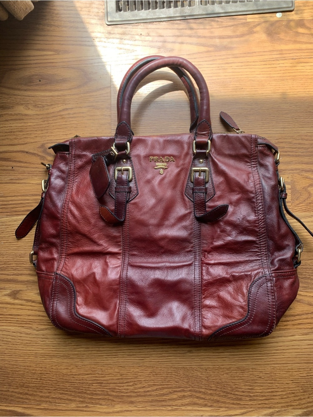 Prada Designer Burgundy Leather Shoulder Bag Vintage Large Purse Accessories